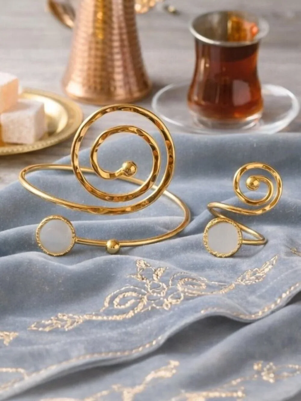 Turkish Artisanal 18K Gold Plated Spiral Set MOP Ring and Bracelet Boho